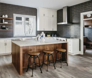 A fully furnished modern home kitchen featuring resilient vinyl flooring & timber wood planks decking