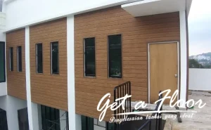 Showcase of composite wood wall cladding used as the outdoor wallpaper of a long corridor