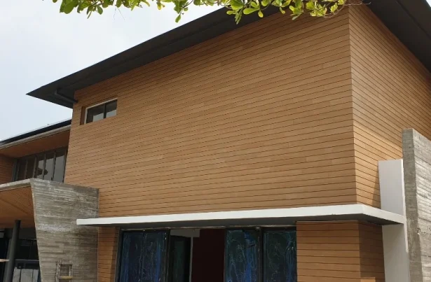 Showcase of composite wood wall cladding used as full outdoor wallpaper of the house